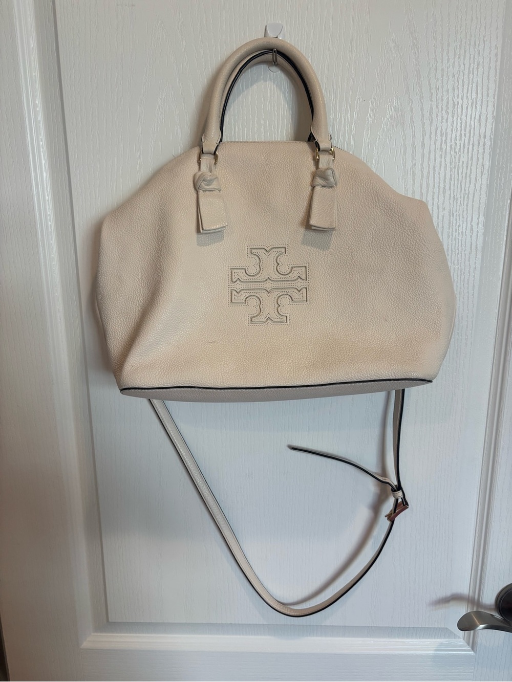 Tory Burch Cream Pebbled Leather Satchel with Crossbody Strap